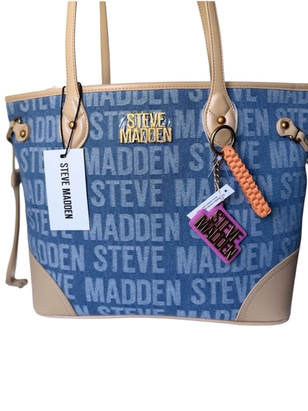 Steve Madden Blue Logo Tote with Beige Trim and Purple Charm